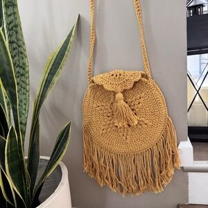 Tulum Handmade MACRAME CROCHET Bag Earthy Yellow Boho Artisan Festival Fringe
